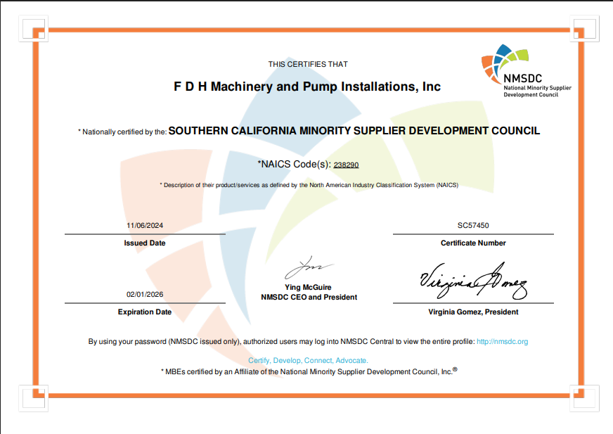 NMSDC Certification - FDH Machinery and Pump Installations